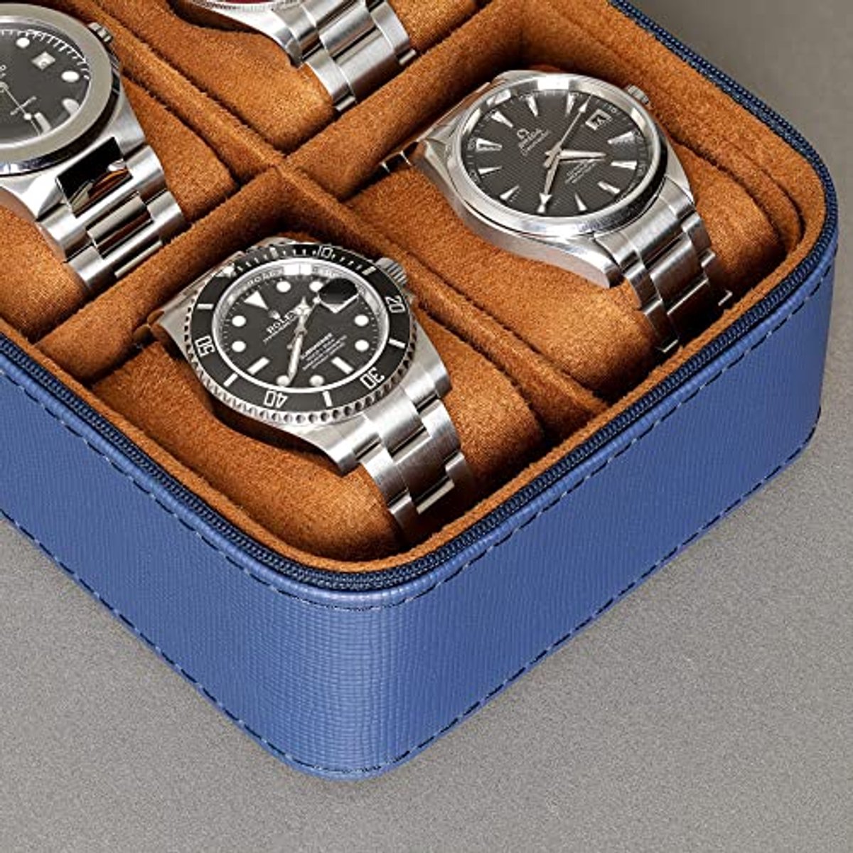 Organizer voor 5 horloges - Robuuste en Draagbare Horlogekast met Ritssluiting - Bescherming voor Polshorloges tot 50 mm - Blauw-Lichtbruin