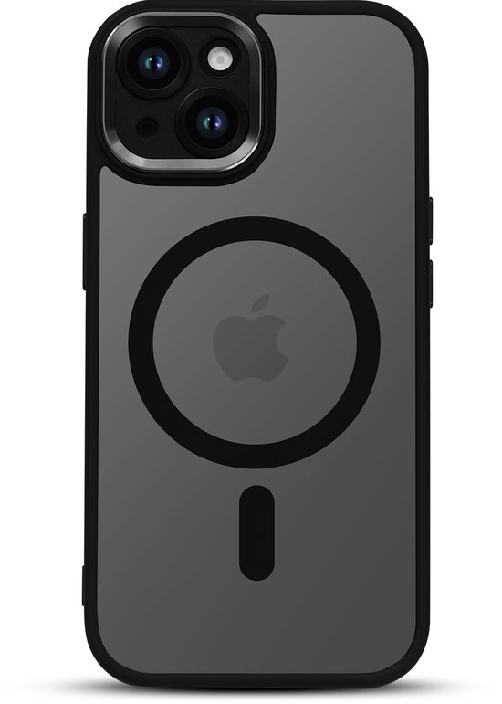Coque iPhone 15 Plus noire et souple avec anneau MagSafe et finition mate. Pare-chocs et découpe caméra noirs.