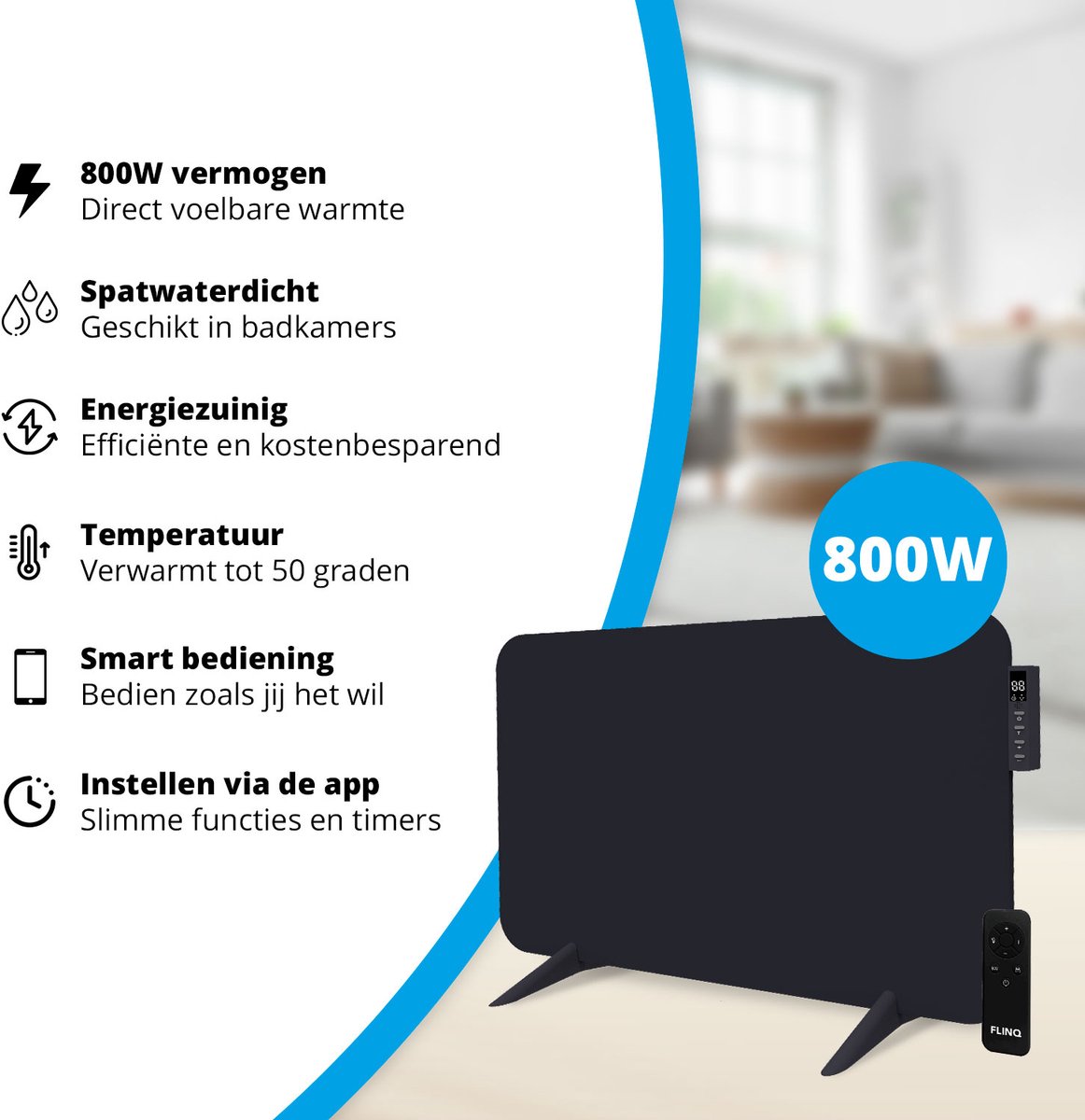 FlinQ Slimme Infrarood Verwarming - Elektrische Verwarmingspaneel - Moderne Kachel - Geschikt voor Badkamer - Staand & Verplaatsbaar - Met Thermostaat - Zwart Paneel - 600W – foto 6