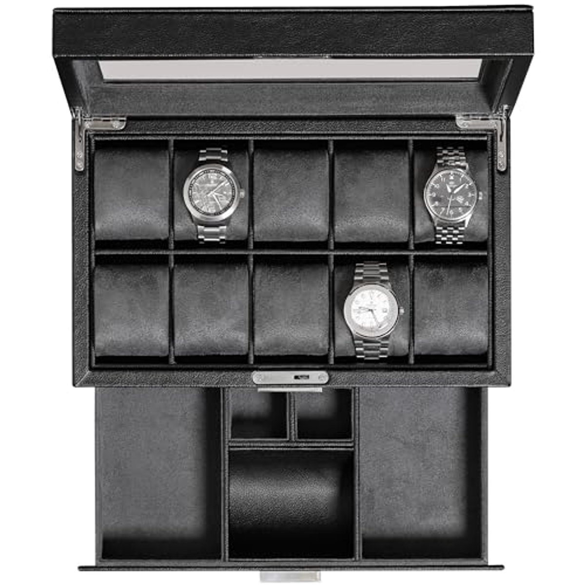 Luxe horlogedoos met 10 sleuven en valetlade - stijlvolle horloge-organizer met ultrazachte voering en glazen blad