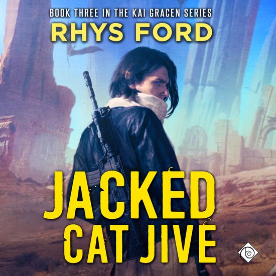 Boek 'Jacked Cat Jive' met een jonge man met lang haar, die een geweer draagt in een woestijnlandschap.