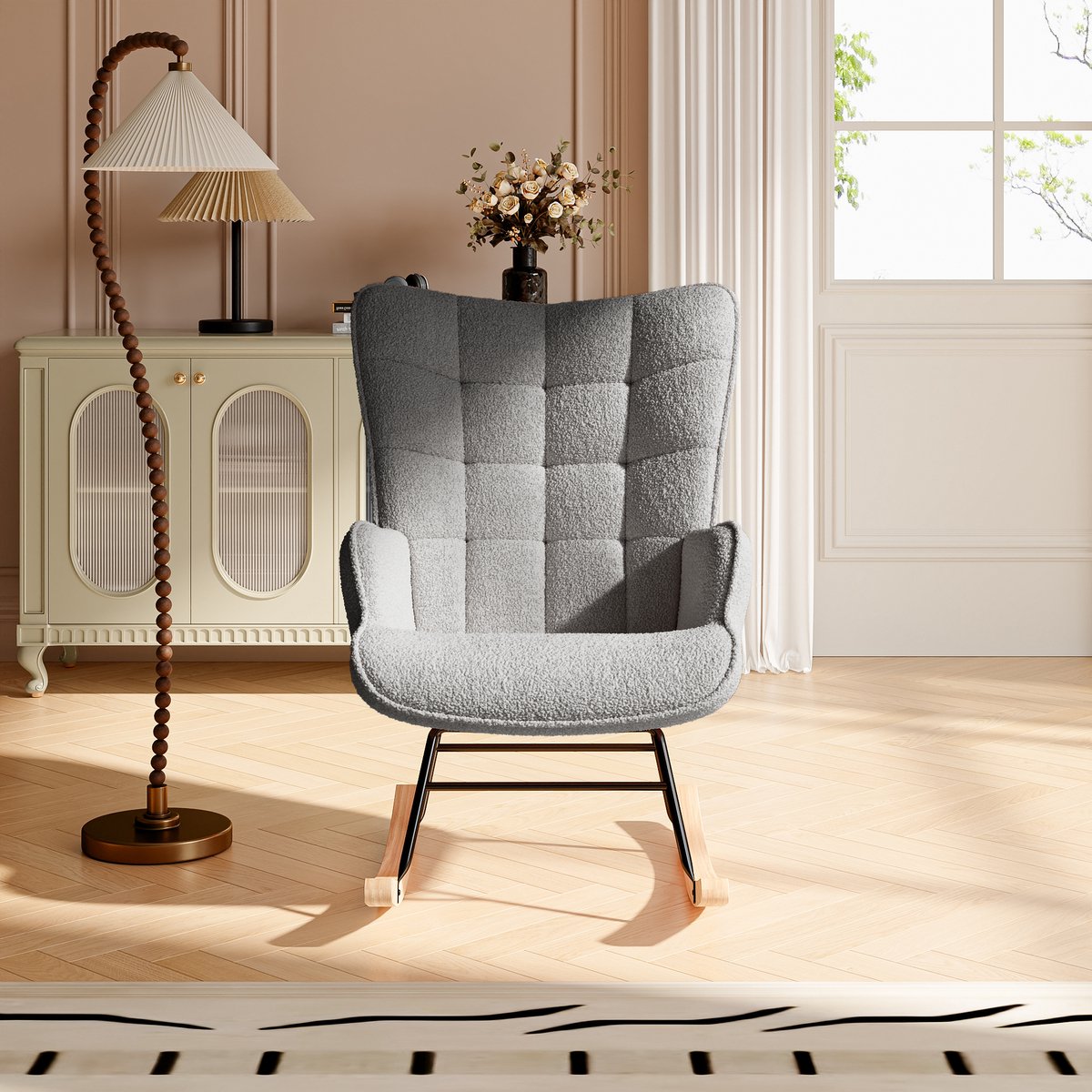 Schommelstoel, relaxstoel, verzorgingsstoel, woonkamerstoel, schommelstoel met metalen frame en houten onderstel, relaxfauteuil met gevoerde zitting 68 x 75 x 92 cm, teddystof, grijs
