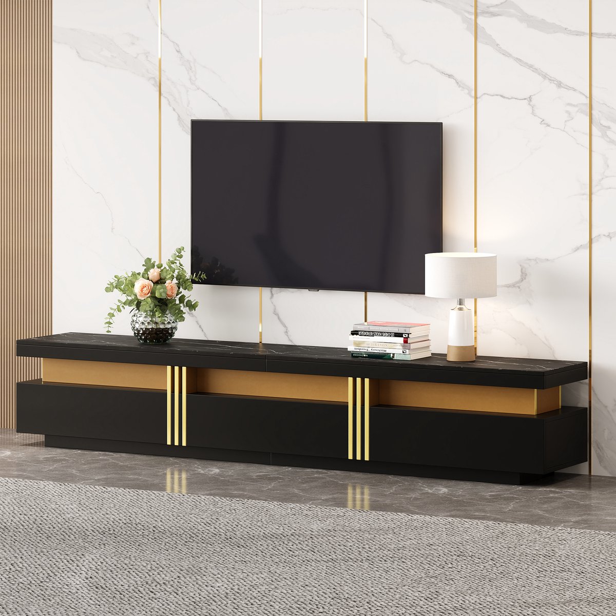 Sweiko TV-kast - Marmerlook - 200 x 40 x 42 cm - 3 lades - Zwart + Goud