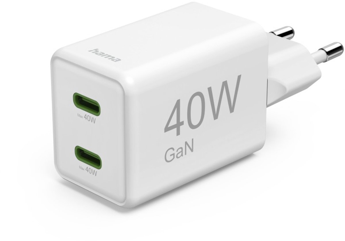 Hama 40W GaN Snellader - 2x USB-C PD/QC - mini - Wit