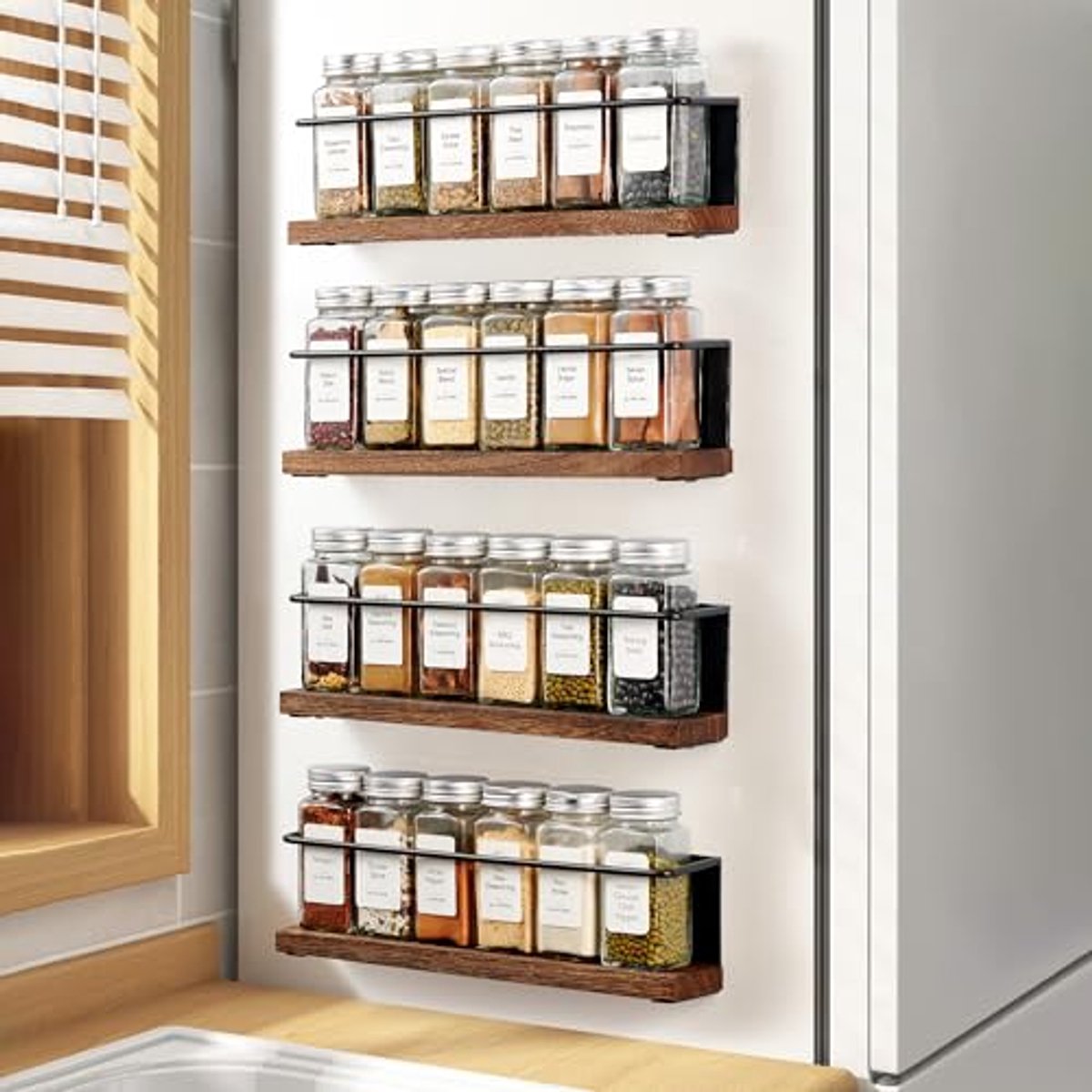4 Pack Sterke Magnetische Kruidenrekken Organizer - Ruimtebesparend voor Koelkast en Magnetron, Metalen Rekken in Zwart