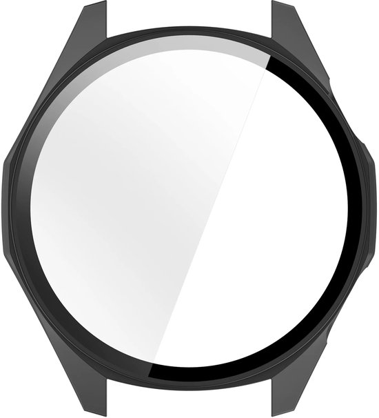 Zwarte smartwatch case met glas, geen horloge.