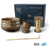 Ecalife Matcha Set Bruin – 4-delig Starterkit – Authentieke Matcha Kom & Bamboe Klopper – Japanse Thee Set
