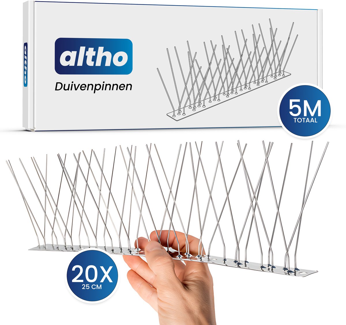 Altho Duivenpinnen RVS – 5 meter (20×25 cm) – Vogelpinnen – Vogelwering – Duivenverjager – Anti-Klim Strip – 240 pinnen – 12 cm hoog