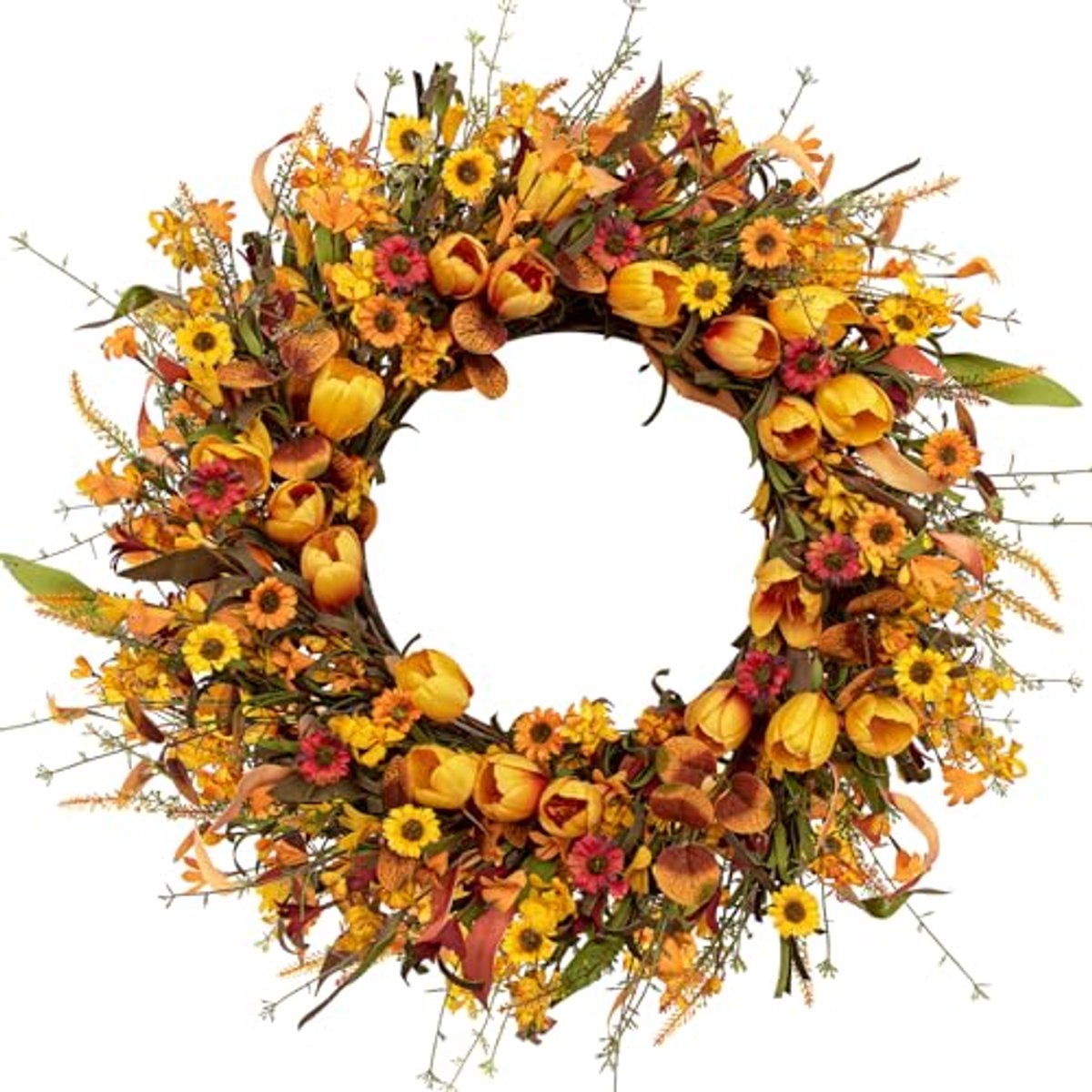 Buiten Herfstkrans 56 cm - Kunstmatige Krans met Tulpen en Wilde Bloemen voor Voordeur en Decoratie