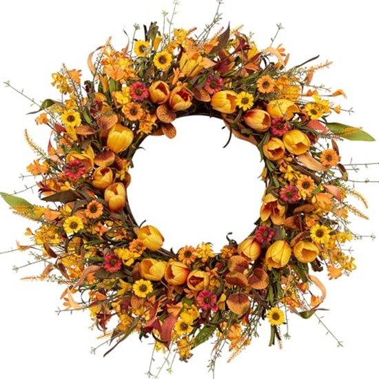 Buiten Herfstkrans 56 cm - Kunstmatige Krans met Tulpen en Wilde Bloemen voor Voordeur en Decoratie