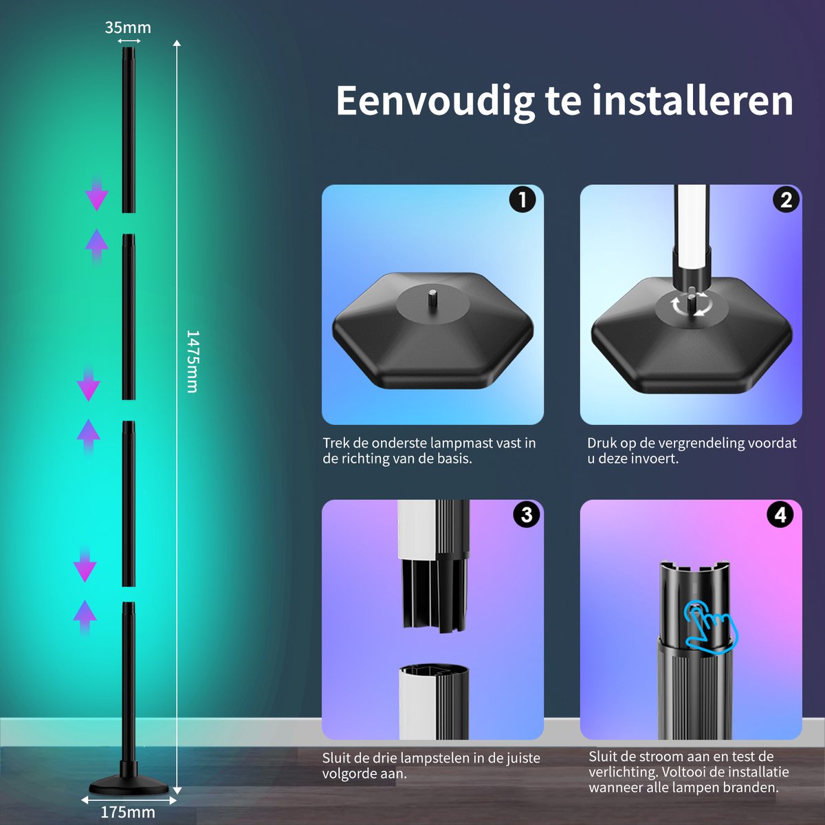 Rayofi LED Staande Lamp- 147 cm - LED vloerlamp dimbaar RGBIC - Instelbare warmwitte/koelwitte kleurtemperatuur - Synchroniseert met muziek - Creëer de perfecte sfeer voor slaapkamers, woonkamers en speelkamers thumbnail 3