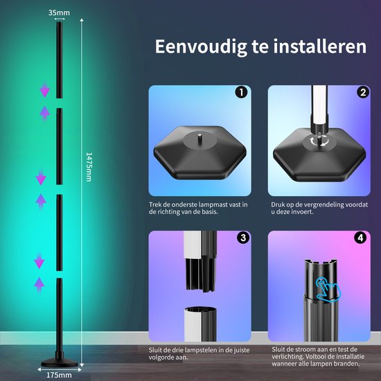 Lampadaire LED Rayofi - 147 cm - Lampadaire LED à intensité variable - Synchronisation avec la musique - Créez l'atmosphère parfaite pour les chambres, les salons et les salles de jeux