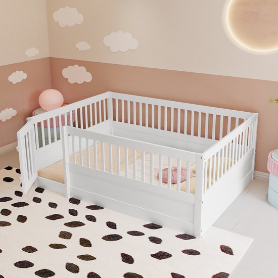 Lit enfant 140 x 200 cm - cadre de lit en bois avec dossier et porte - blanc - sans matelas