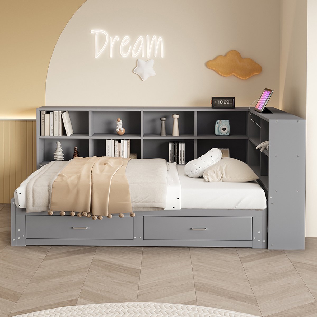 Komhtom Massief houten bank 90/180*190 cm, met uitschuifbaar bed, opbergvak, multifunctioneel euro-stopcontact, lades, lattenbodem, multifunctioneel eenpersoonsbed van hout, grijs
