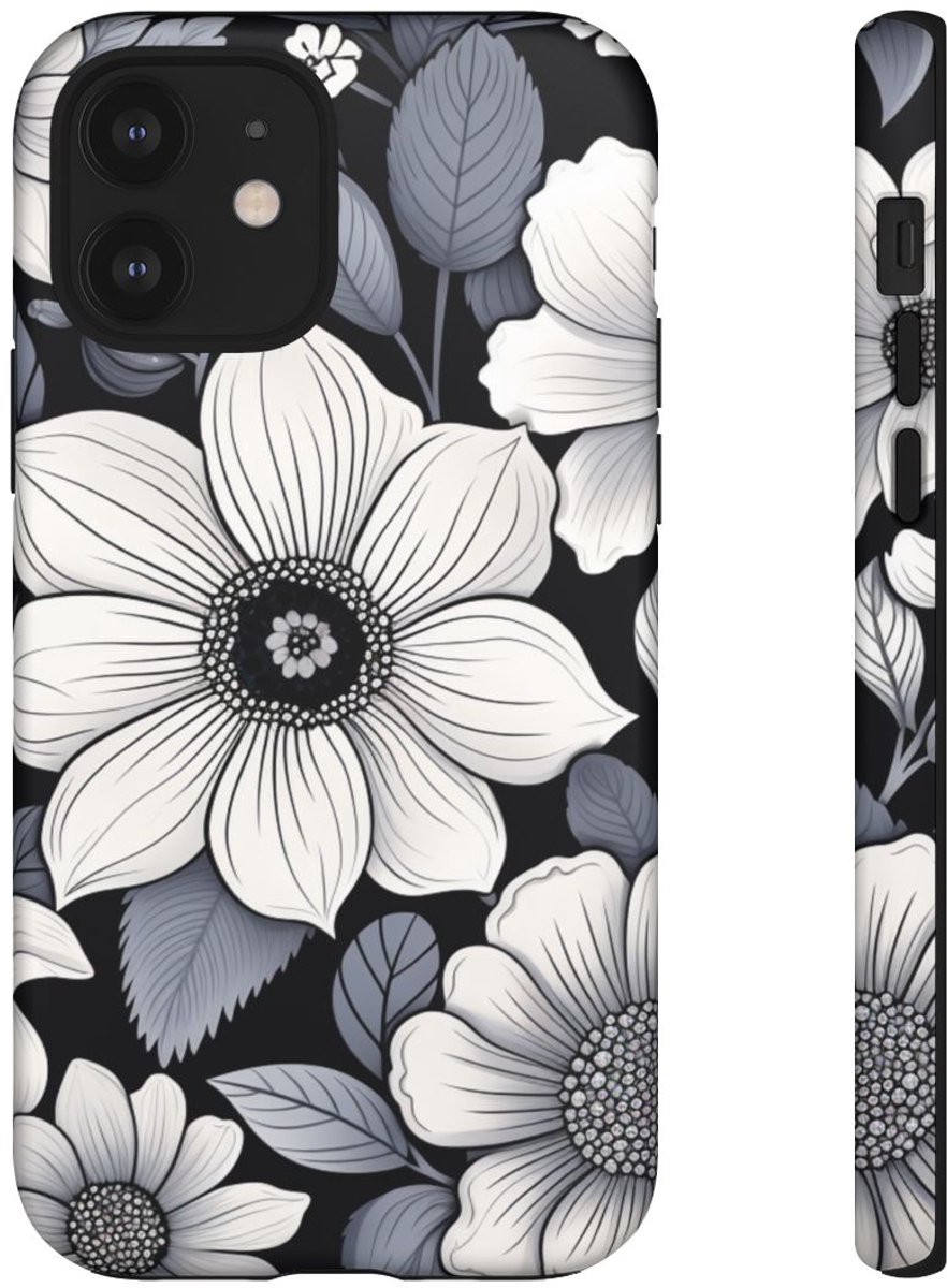 Zwart-Wit Bloemenpatroon – Telefoonhoesje Geschikt voor iPhone 12