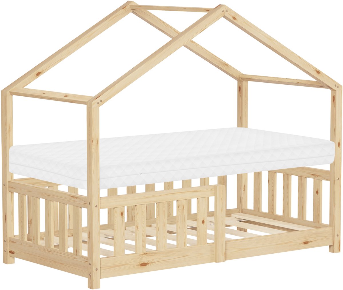 ml-design kinderbed huis 70x140 cm naturel met matras houten bed met valbeveiliging lattenbodem en dak speelbed van grenenhout voor kinderen Montessori vloerbed juniorbed bedframe speels bedhuis meisjes en jongens kinderkamer massief hout Beige