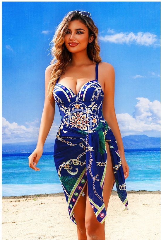 Maillot de bain une pièce grande taille pour femme, col en V, cache-maillot imprimé sexy, ensemble deux pièces, Blauw et chaîne dorée, taille XL