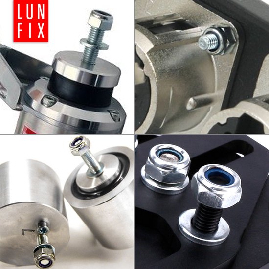 Collage de quatre images montrant des écrous LUN FIX en utilisation, fixés sur du métal et des machines.