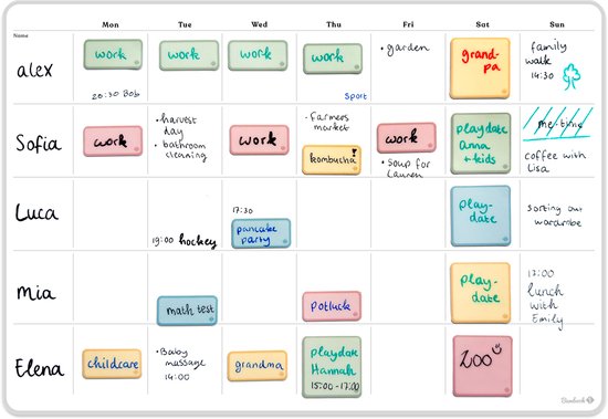 Een Bambook weekplanner whiteboard met geplande activiteiten per persoon, zoals 'work', 'playdate' en 'potluck'.