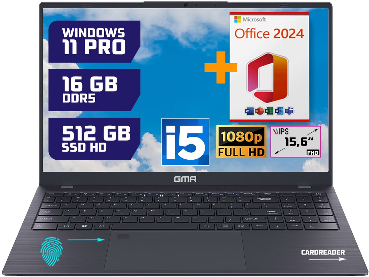 GMR - 15.6 Inch Full HD Laptop - Intel Core i5 - 16GB DDR5 RAM - 512GB SSD - Office 2024 - Windows 11 Pro voor Thuis, Office en Studie notebook