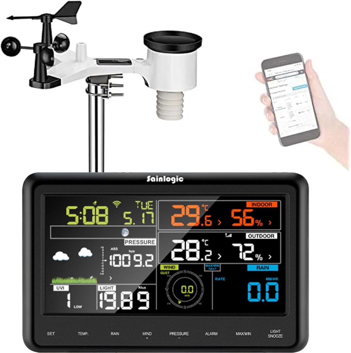 Professioneel draadloos weerstation met buitensensor, regenmeter, weersvoorspelling en kleurenbeeldscherm