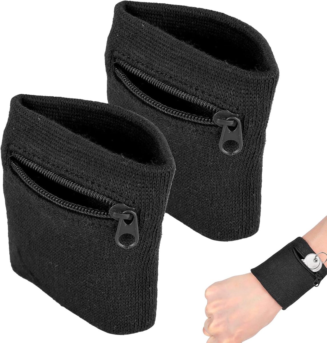 QTTVBTNA -2x Sport Polszakje met Rits – Armband voor Hardlopen, Fitness en Basketbal, Schuimend Absorberend Polsbandje met Veilig Opbergvak voor Sleutels en Geld
