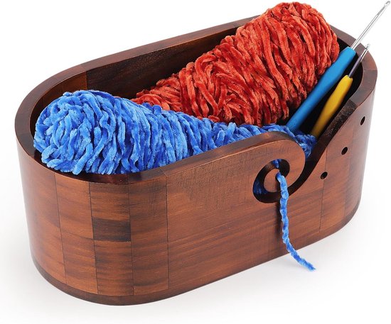 Vintage elliptische garenschaal met grote capaciteit - super grote houten gebreide schaal voor wol - handgemaakte garenkom voor wol - wollen kom voor haak- en breiproject - 28,5 x 15,5 x 15 cm