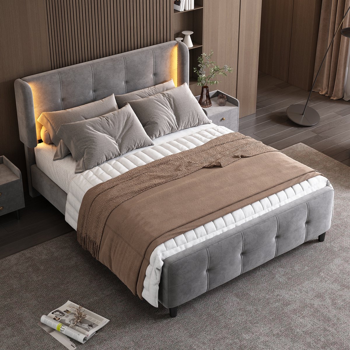 HAUSS SPOLE Bed - 140x200 - Gestoffeerd Tweepersoonsbed Met LED Lichtlijnen En Verstelbaar Hoofdbord - Fluweel - Grijs