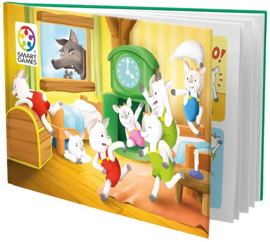Livre d'images ouvert avec des illustrations du loup et de sept chevreaux, dans un décor intérieur.