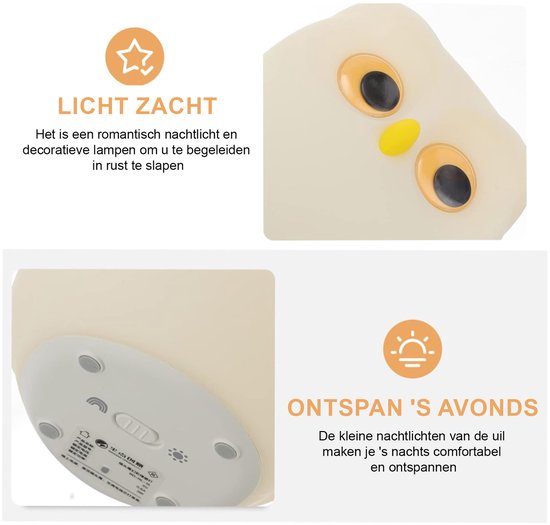 Ynkkvre - Schattige Uil Kinder Nachtlampje - USB Oplaadbare Dierlamp - Creatief Slaapkamer Nachtlampje voor Kinderen - Touch Control - Veilig Siliconen, ABS+PC Materiaal - Bedlampje - Wit van Ynkkvre — afbeelding 3