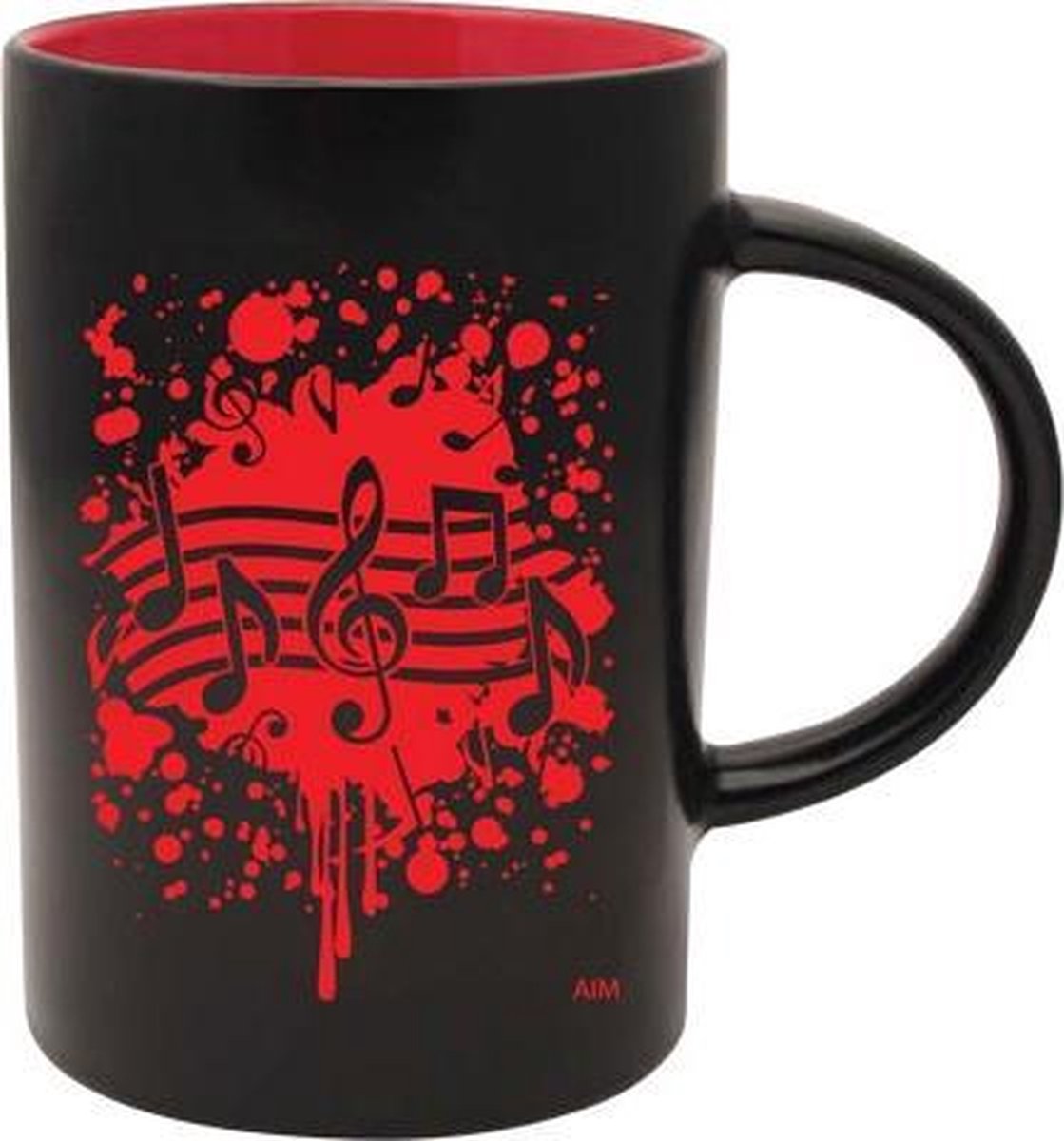 Koffiemok met rode explosie van muzieknoten