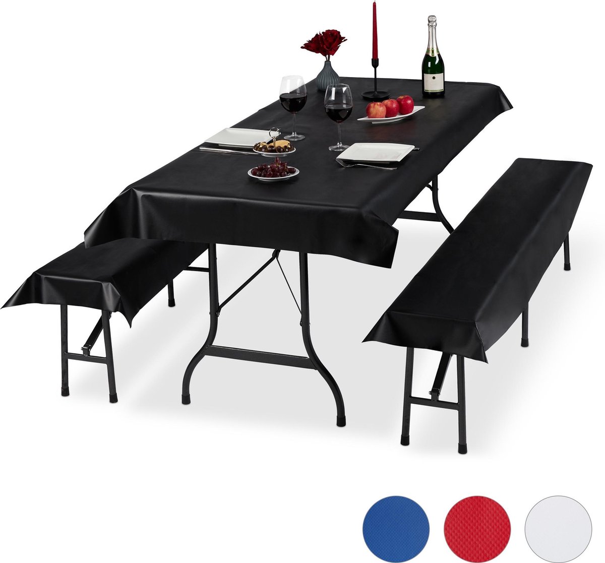 Relaxdays tafelkleed biertafel en banken - hoezen set biertent - 250 x 100 cm - tafellaken - zwart
