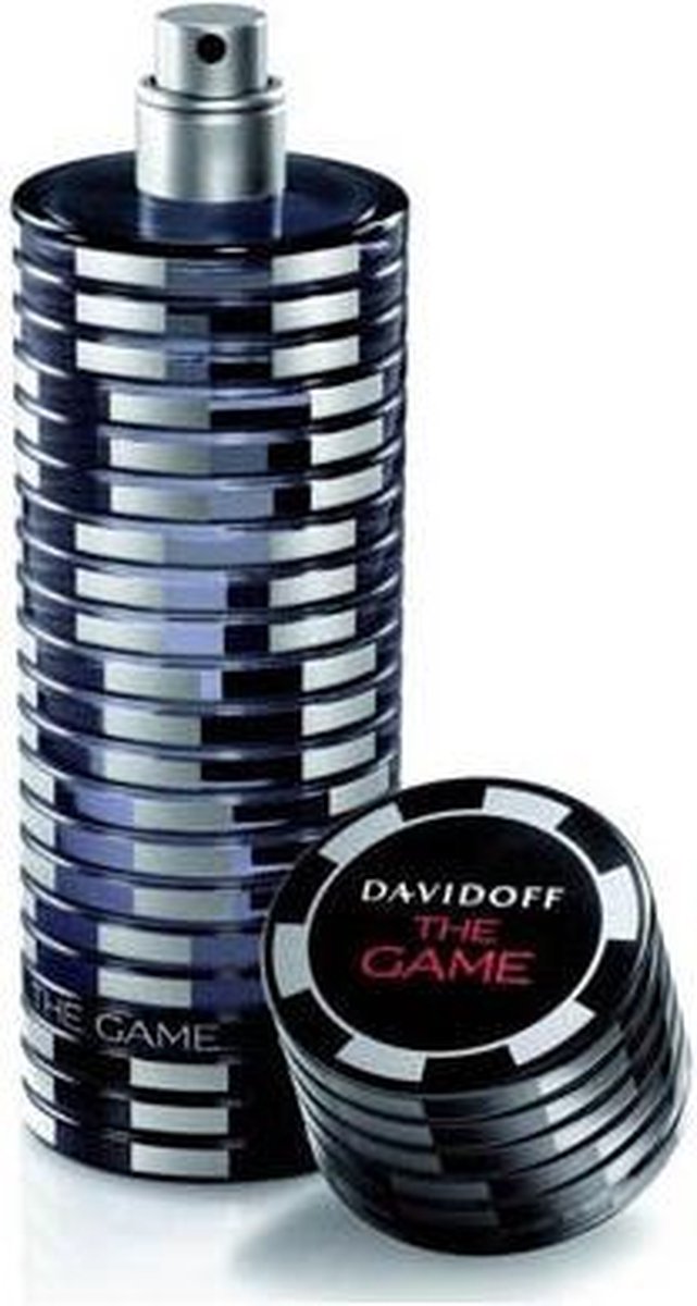 Davidoff The Game Eau de Toilette, 100 ml, met een paarse vloeistof en een geschenkverpakking met grijs gestreepte details.