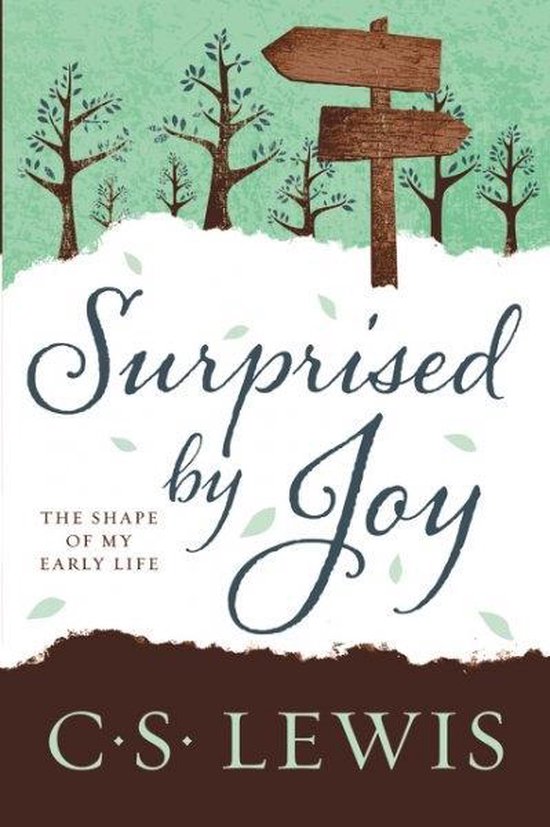Boekcover 'Surprised by Joy' met tekst en illustratie van bomen en wegwijzer.