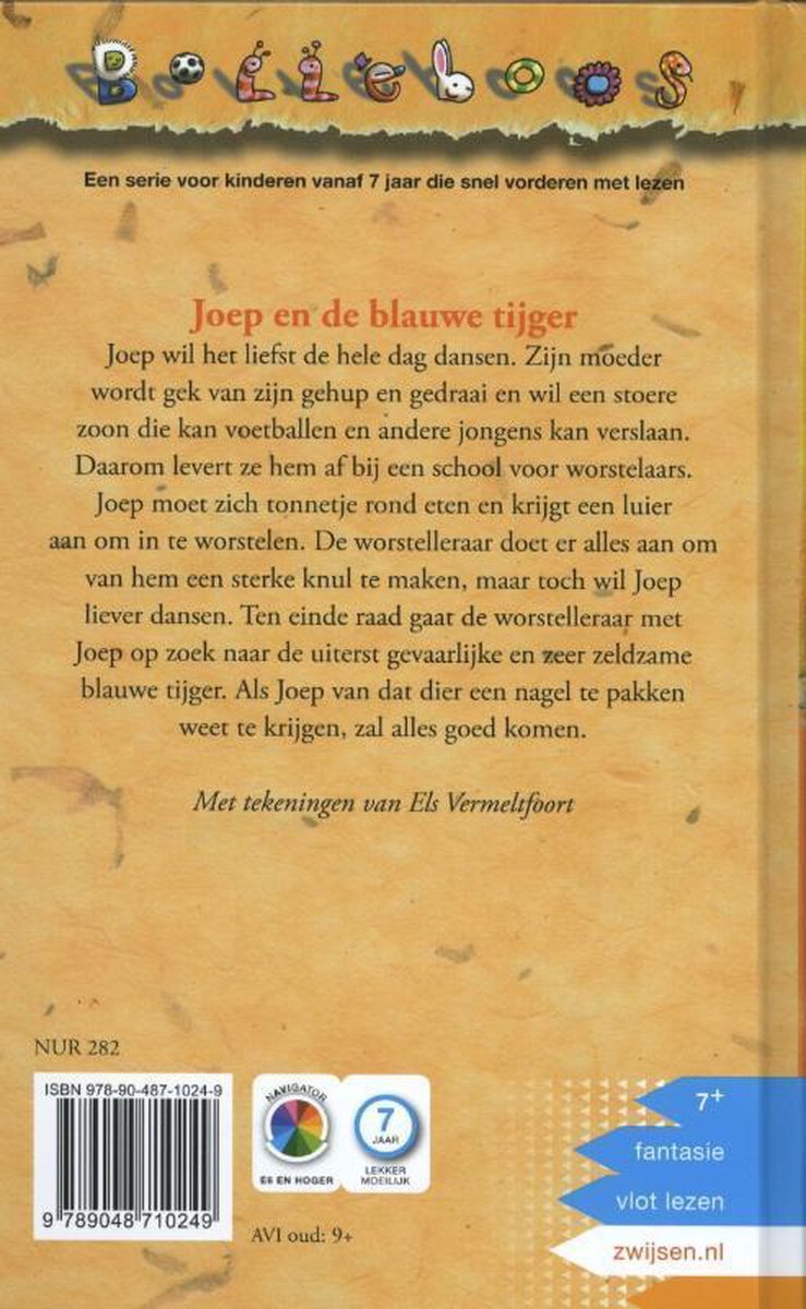 Boekcover 'Joep en de blauwe tijger' met illustratie van een jongen en een blauwe tijger.