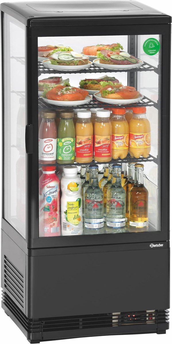 Bartscher Mini-koelvitrine 78L - Zwart - 3 roosters - LED-verlichting - 435x385x960mm