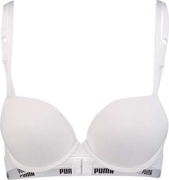 Witte beugelbeha van Puma met een gladde stof en zwarte 'Puma'-logoband.