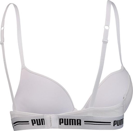 Achterkant van een witte Puma beugelbeha met verstelbare bandjes en zwarte 'Puma'-logoband.