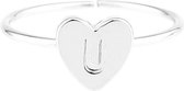 Zilverkleurige bijoux ring met hart initiaal - U