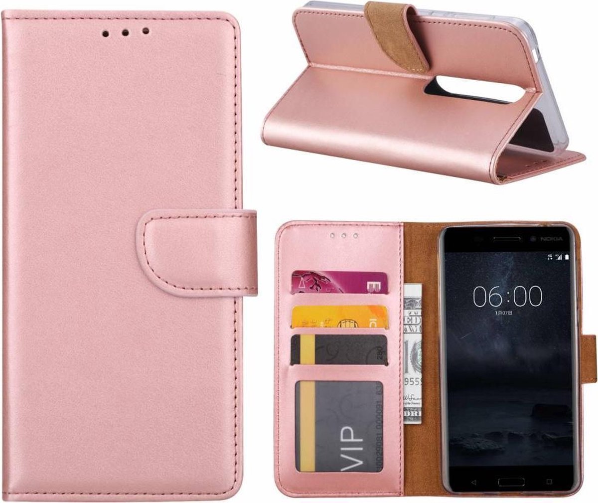 Nokia 6 (2018) Booktype / Portemonnee TPU Lederen Hoesje Rose Goud
