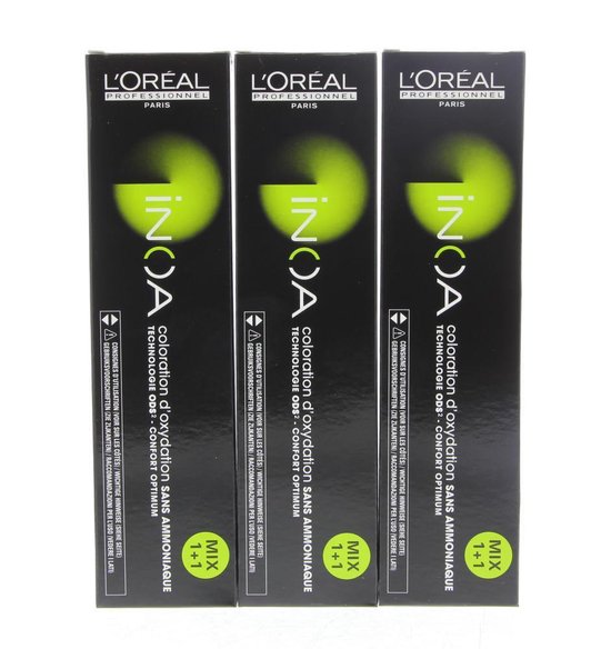 Drie dozen L'Oréal Professionnel INOA haarkleuring naast elkaar, met 'MIX 1+1' aanduiding.