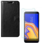 Samsung Galaxy J4 Plus 2018 Portemonnee hoesje zwart met 2 stuks Glas Screen protector