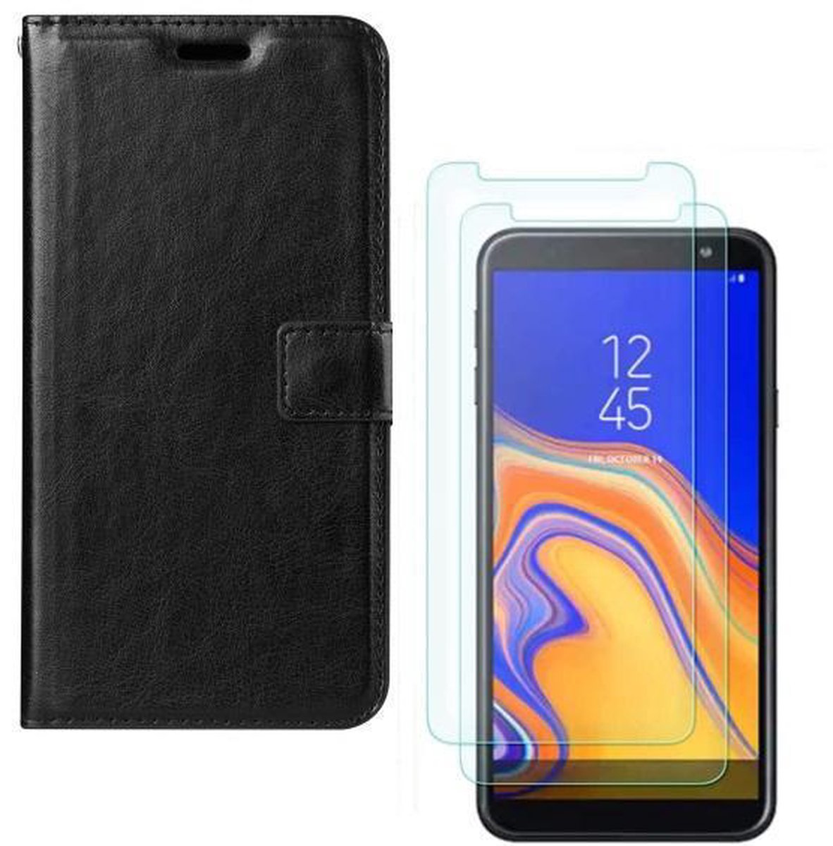 hoesje Geschikt voor: Samsung Galaxy J6 2018 Portemonnee zwart met 2 stuks Glas Screen protector