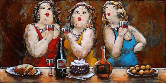 Schilderij - Metaalschilderij - Dikke dames aan de wijn, 120x80cm