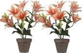 2x Oranje Tigerlily/tijgerlelie kunstplant 47 cm in grijze plastic pot - Kunstplanten/nepplanten