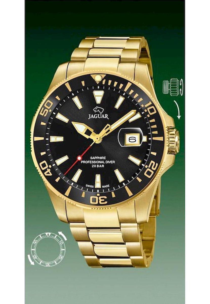 Jaguar Executive Diver Horloge - Jaguar heren horloge - Zwart - diameter 43.5 mm - goud gecoat roestvrij staal