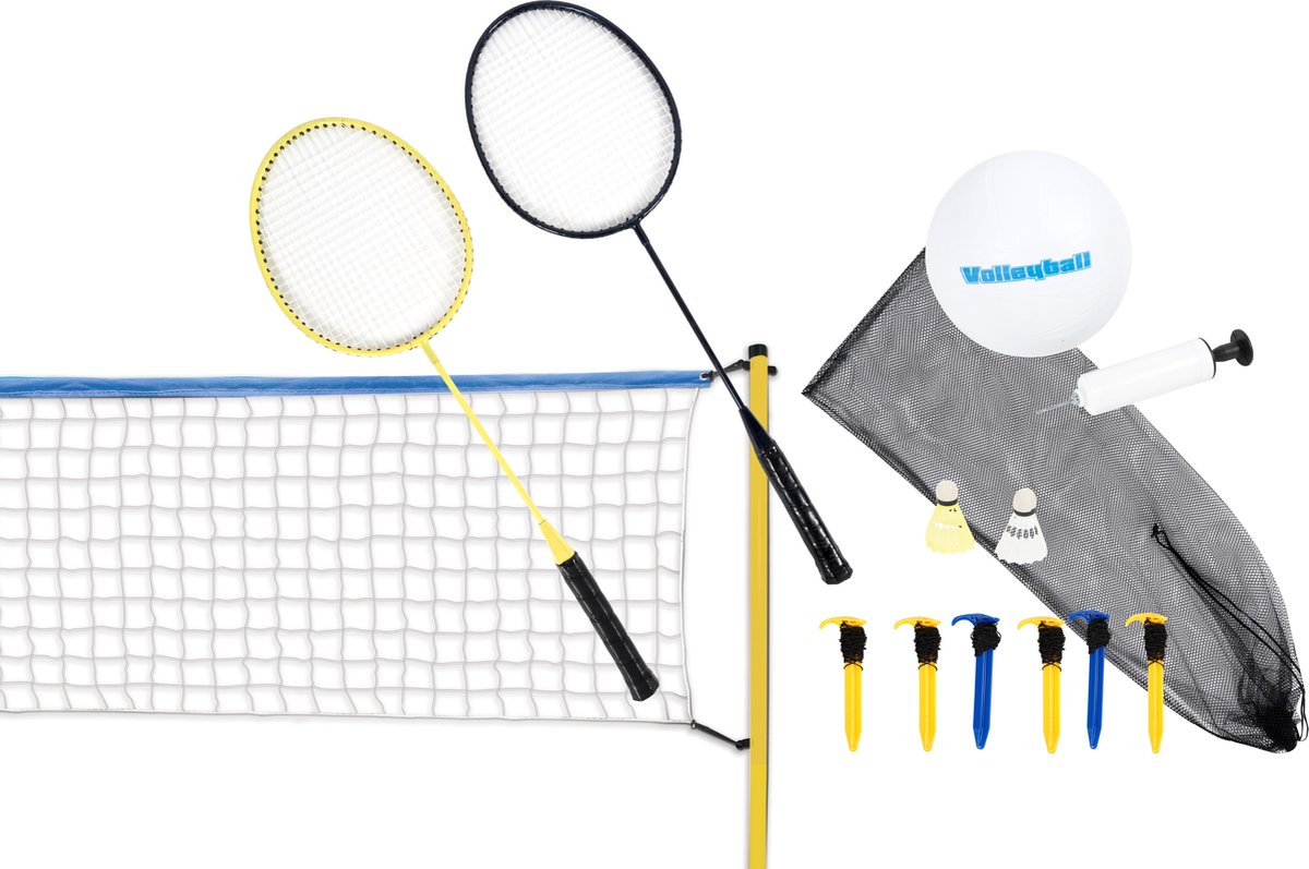 Scatch volleybal- en badmintonset - met net, rackets, shuttles en bal - draagtas - 310 x 168 cm