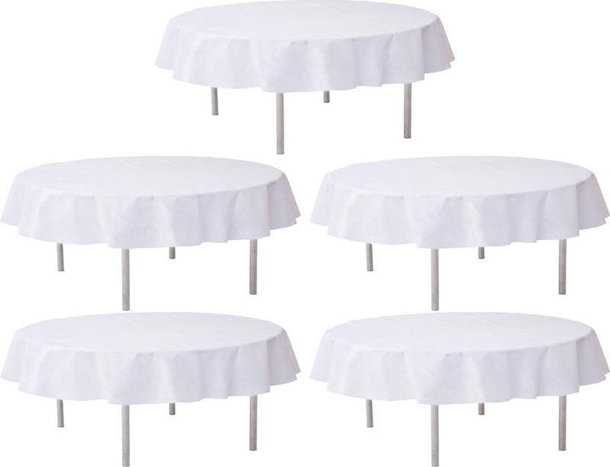 5x Bruiloft witte ronde tafelkleden/tafellakens 240 cm stof - Huwelijk/trouwerij decoratie ronde tafelkleden Opaque White Wedding - Witte tafeldecoraties - Wit thema