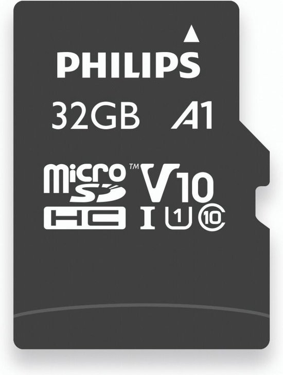 Philips 32GB A1 microSDHC kaart met V10 en U1 indicatie.