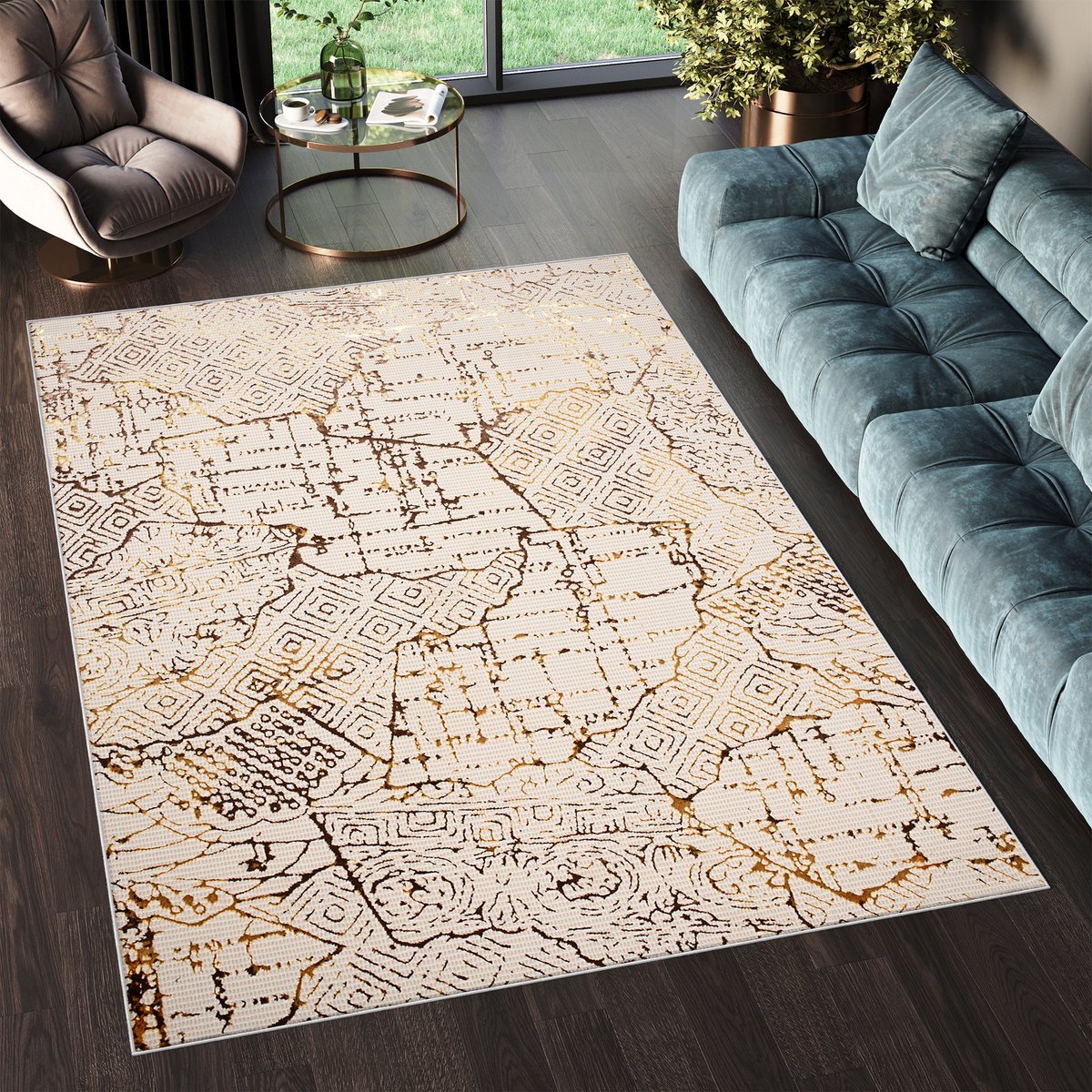 Tapiso Golden Vloerkleed Woonkamer Laagpolig Tapijt Maat- 200x300 Creme 3